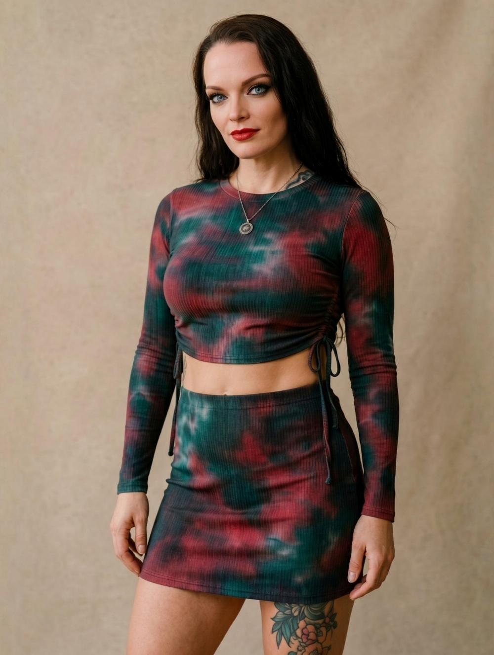 Clara Story ✦ Red Green Tie Dye Crop Top Mini Skirt Set ✦ Side Ruching L NWT